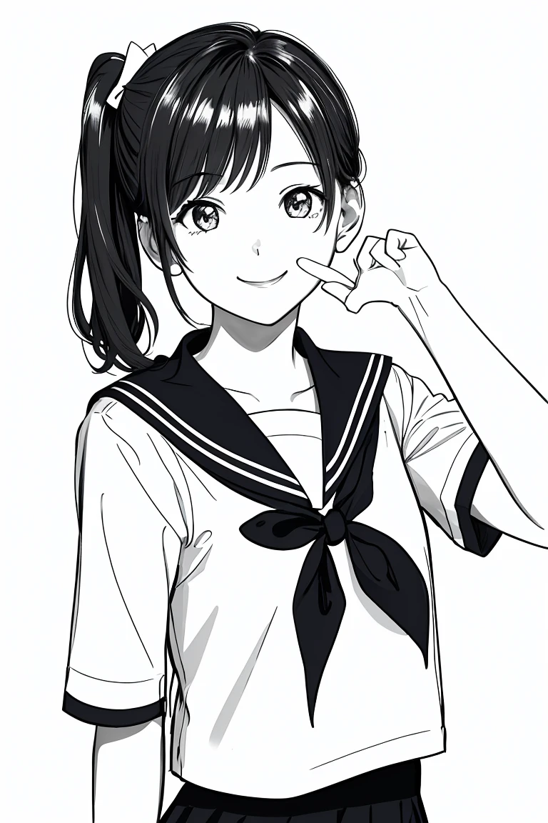 masterpiece,, One Girl, alone, short, White Background, Monochrome, Line art, ((sketch))、Look forward、Wear a sailor uniform、smile、Touching cheek、Side Ponytail、Wink、Mouth open