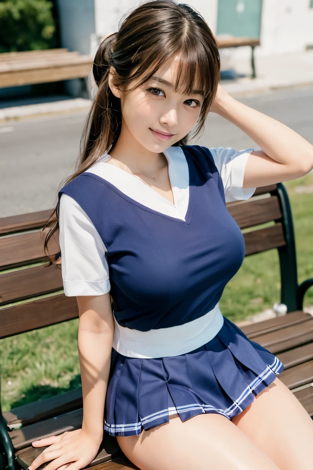 photo realistic, masterpiece, 8K, best quality, face focus, soft light, (depth of field) ,ultra-high res, (photorealistic:1.4), RAW photo, (upper waist:1.3),1 Japanese girl 13yo, solo,(( Sailor uniform, short sleeve:1.3)),(navy plaid pleated skirt),((large breasts:1.4)) ,(white panties:1.2), ((beatiful side boob:1.2)), ((sitting on bench:1.2)), (updo hair:1.1), ((brown eyes)), cute face, (smile face),perfect proportion, beautiful thighs, beautiful skin,( Street:1.3),(panties focus:1.2)