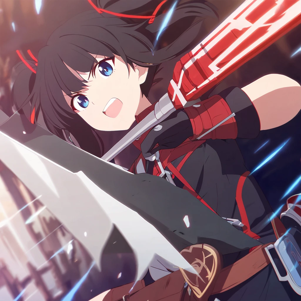 girl, anime, warrior, short hair with red and blue lines, pretty eyes, black hair, full leather, YOUNG, with a fringe in front, epic, with pigtails, warrior clothing