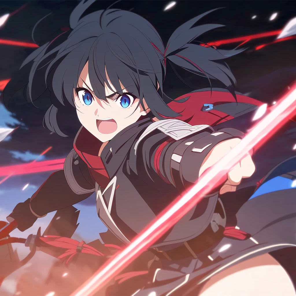 girl, anime, warrior, short hair with red and blue lines, pretty eyes, black hair, full leather, YOUNG, with a fringe in front, epic, with pigtails, warrior clothing