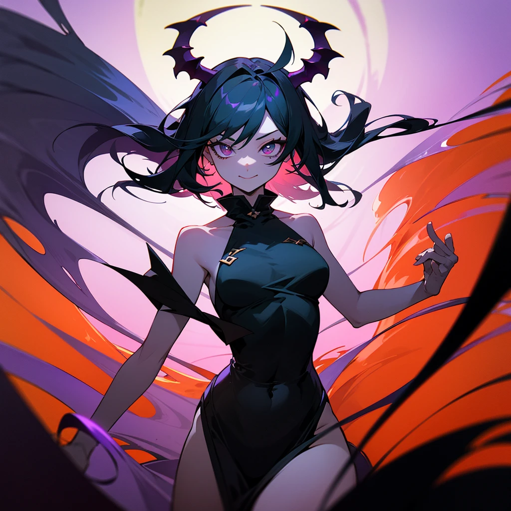 Young demon girl with very purple skin and black hair wearing gothic clothes