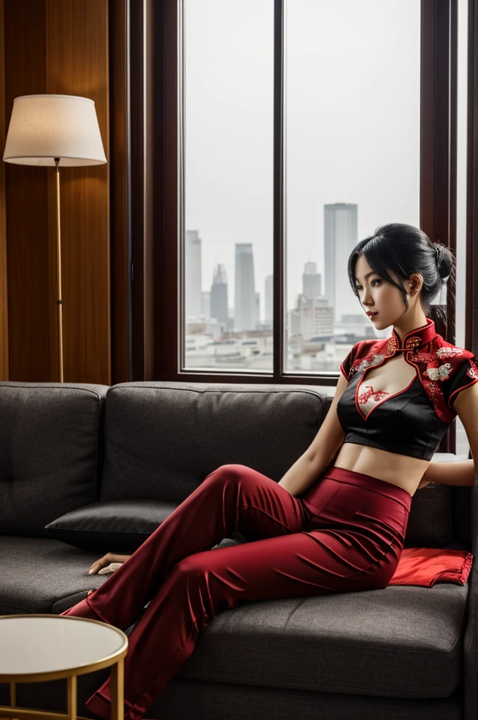 score_9, score_8_above, score_8, 1 girl, m4stertigr3ss, Alone, cola, looking at the viewer, red qipao, black silk pants sitting on the sofa, living room, window