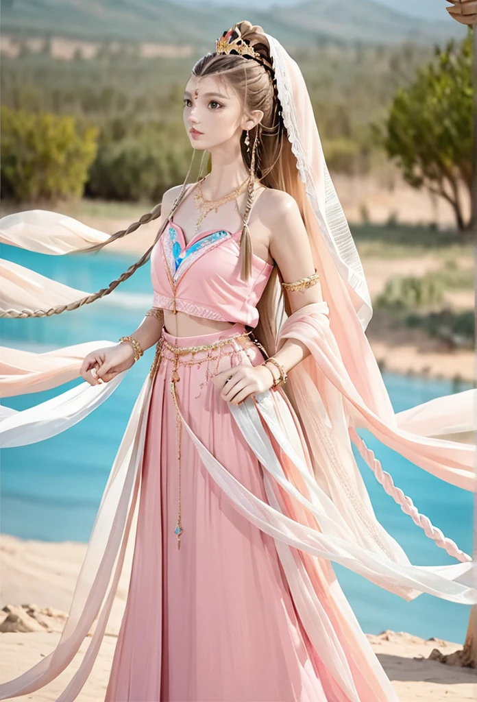 1girl, solo, jewelry, long_hair, braid, dress, earrings, armlet, from_side, bracelet, blonde_hair, blurry_background, blurry, desert, pink_dress, upper_body, crown, bare_shoulders, braided_ponytail, breasts, closed_mouth