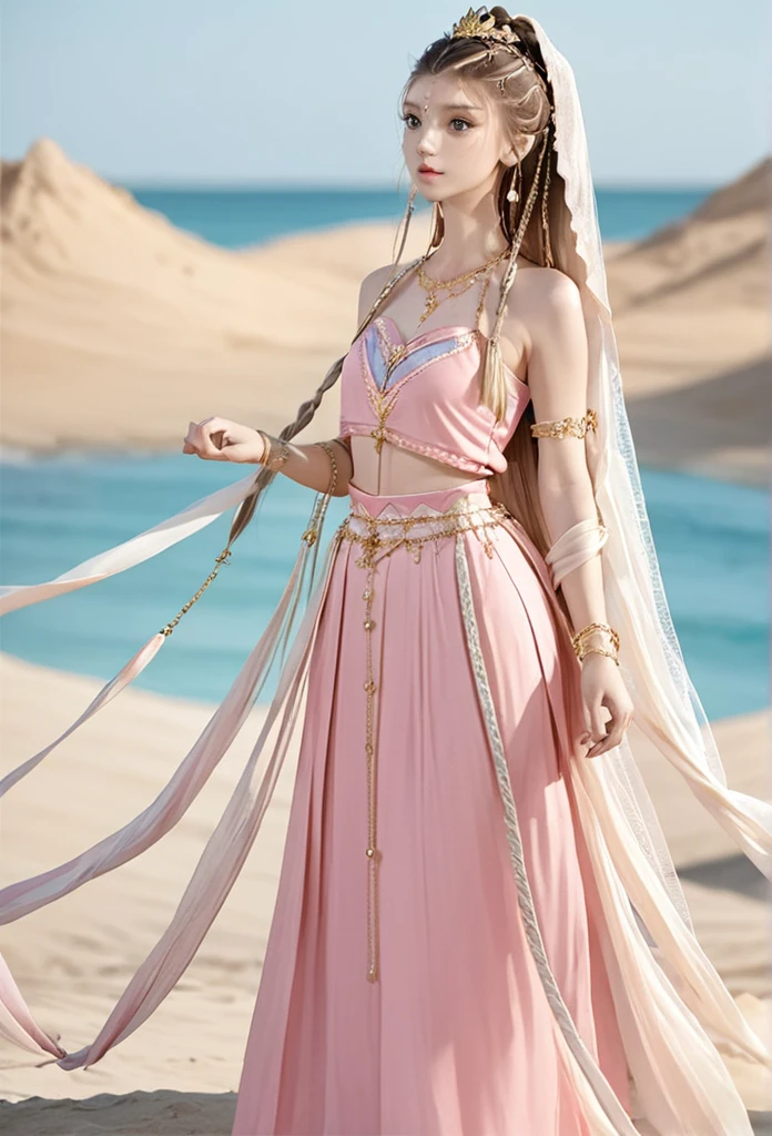 1girl, solo, jewelry, long_hair, braid, dress, earrings, armlet, from_side, bracelet, blonde_hair, blurry_background, blurry, desert, pink_dress, upper_body, crown, bare_shoulders, braided_ponytail, breasts, closed_mouth