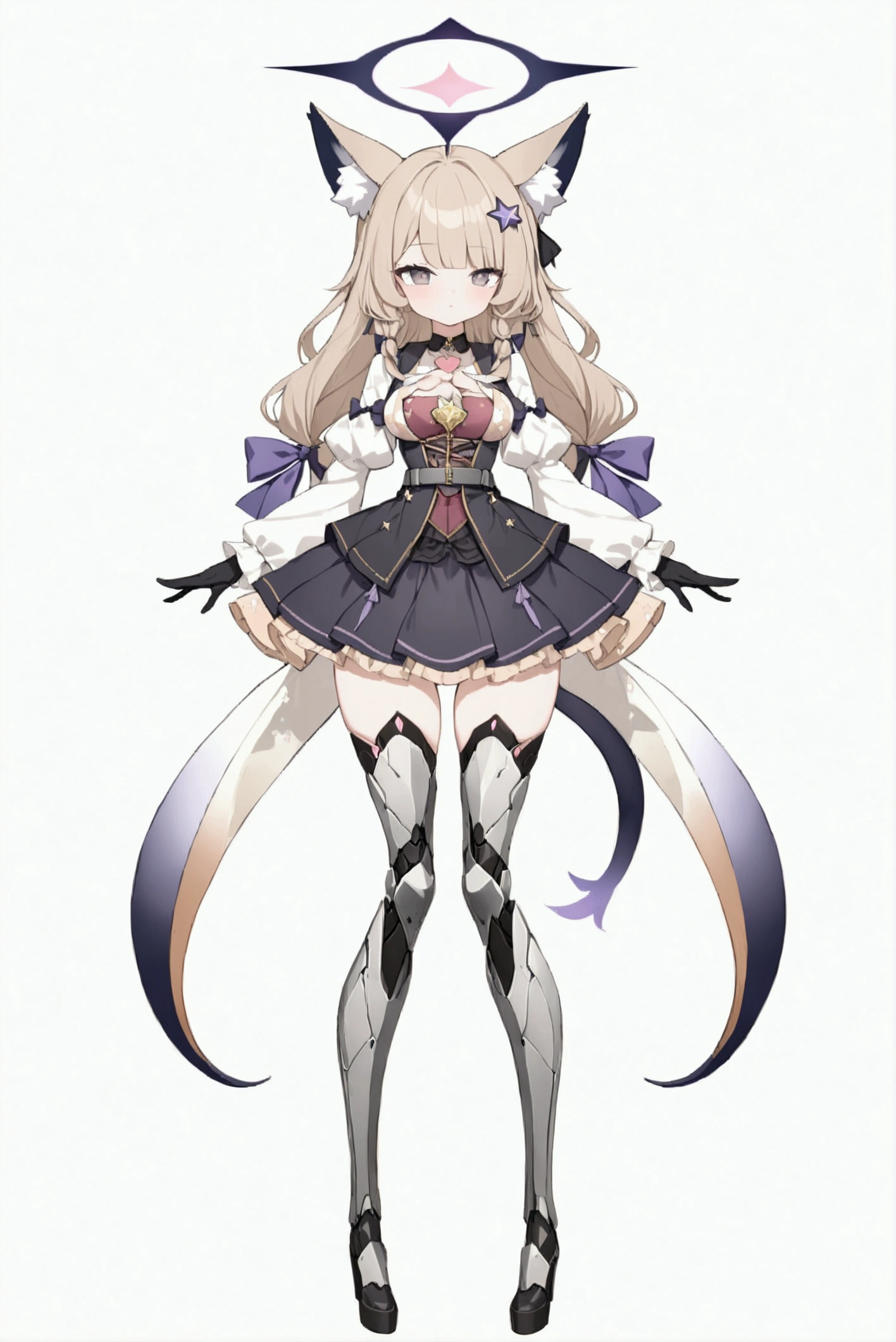 woman 170 cm tall. medium chest, wide hip, slim build, ((whole body)). (((character design sheet: front view))). (dark blonde hair, (hip-length wavy hair with asymmetrical bangs, star hairpin), (She has a short braid tied with an elegant purple ribbon on the left side of her hair above her chest). (She has a short braid tied with an elegant purple ribbon on the right side of her hair above her chest). She has small hair ties in the back of her hair..). ((Gray eyes with a pink 4-pointed star in the pupil)). (Two black and purple fox ears located on the top of the head). (Luminous black halo with purple star patterns above his head). He has a black collar with a heart emblem on his neck.. (Elegant long one piece dress, thigh-length lace and ruffle skirt, ribbon decorations and star patterns on the dress). black gloves, Black platform heels. gray belt at the waist with a large ribbon with a luminous pink heart in the middle. ((He has a beautiful succubus tail)). (((It has complex mechanical legs that reach up to the thighs and are black with small purple details..))). beautiful detailed hair, beautiful detailed dress. extremely detailed arms. extremely detailed face, small face, Beautiful detailed eyes, beautiful detailed lips. adorable. extremely detailed legs. (Best Quality, 4k, high resolution), ultra detailed, Exquisite and epic character art, ((White background)). (Focus on symmetry).
