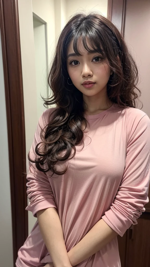 there is a young Malay woman with long curly hair and a pink shirt, curly bangs, curly haired, short messy curly hair, messy curly hair, curly hair, with short curly hair, no makeup wavy hair, curly, curly dark hair, curly middle part haircut, brown curly hair, (dark shorter curly hair), her face framed with curls