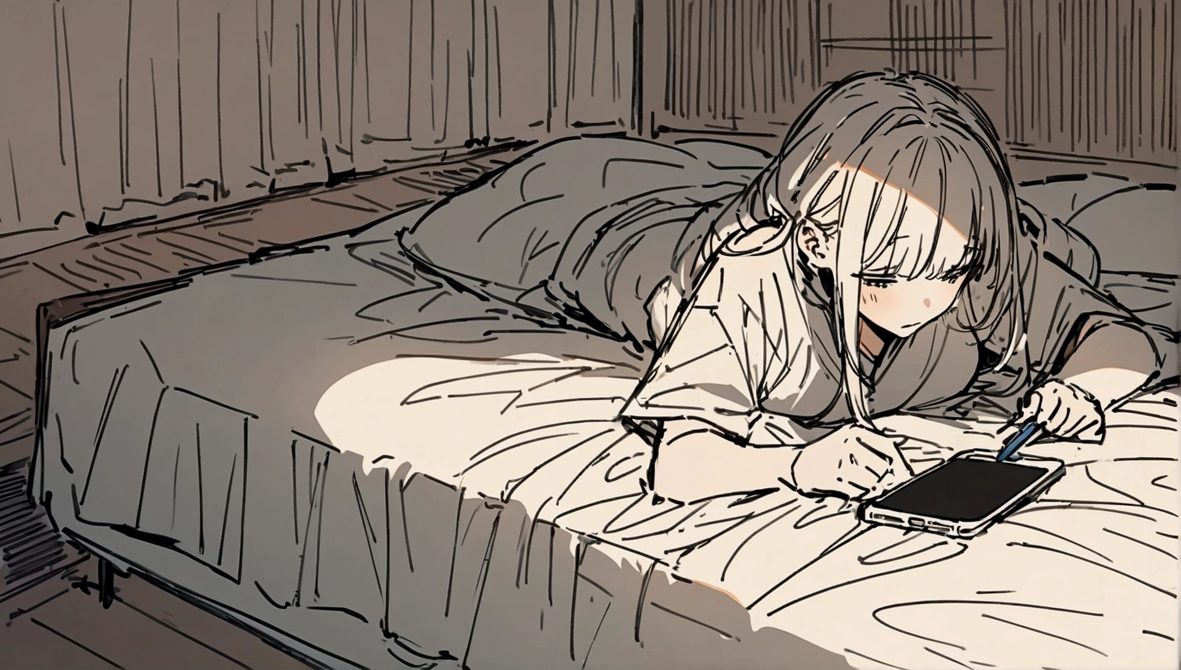 masterpiece,最high quality,Super detailed,High resolution backgrounds,8K,High Resolution,high quality,break,high school student,smartphone,worries,Bed,Japanese manga style, sketch, Colored pencil