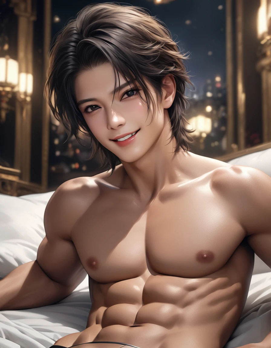 high quality, detailed, Realistic,(2boys:1.5), (17 years old tanned japanese idol boys), (detailed black eyes), (black short hair), (abs), (tanned dark brown skin), night palace bedroom, (black tiny thong), (bulge), (detailed nipples), detailed areola,best quality,4k,8k,highres,masterpiece:1.2),ultra-detailed,(realistic,photorealistic,photo-realistic:1.37), looking at viewer,smirk,face close up, --no watch,