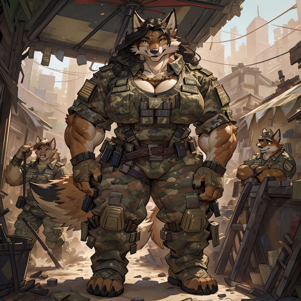 solo, 1girl, fox, female, broad shoulders, stocky build, buff, muscular, huge breasts, gold eyes, highly detailed eyes, long snout, Amazon, powerful figure, wearing camouflage_uniform, (urban uniform:1.2), military camp, rolled sleeves, shirt, trousers, cleavage, standing upright, combat boots, full body, smiling, friendly, looking at viewer, realistic lighting, by darkgem, by wfa, by gideon,