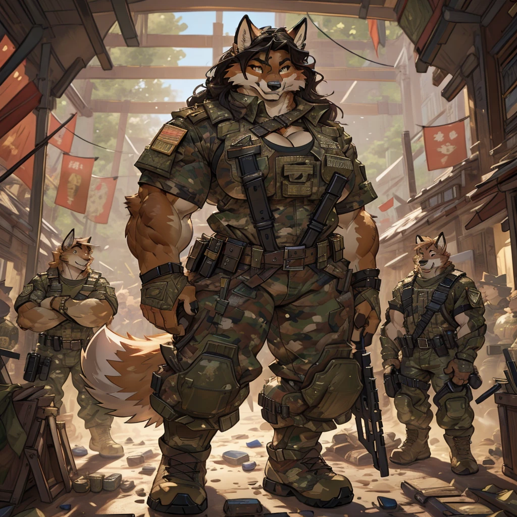 solo, 1girl, fox, female, broad shoulders, stocky build, buff, muscular, huge breasts, gold eyes, highly detailed eyes, long snout, Amazon, powerful figure, wearing camouflage_uniform, (urban uniform:1.2), military camp, rolled sleeves, shirt, trousers, cleavage, standing upright, combat boots, full body, smiling, friendly, looking at viewer, realistic lighting, by darkgem, by wfa, by gideon,