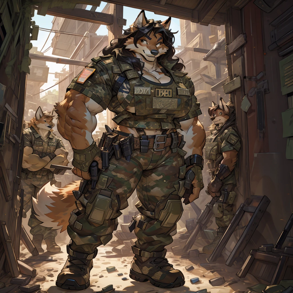 solo, 1girl, fox, female, broad shoulders, stocky build, buff, muscular, huge breasts, gold eyes, highly detailed eyes, long snout, Amazon, powerful figure, wearing camouflage_uniform, (urban uniform:1.2), military camp, rolled sleeves, shirt, trousers, cleavage, standing upright, combat boots, full body, smiling, friendly, looking at viewer, realistic lighting, by darkgem, by wfa, by gideon,