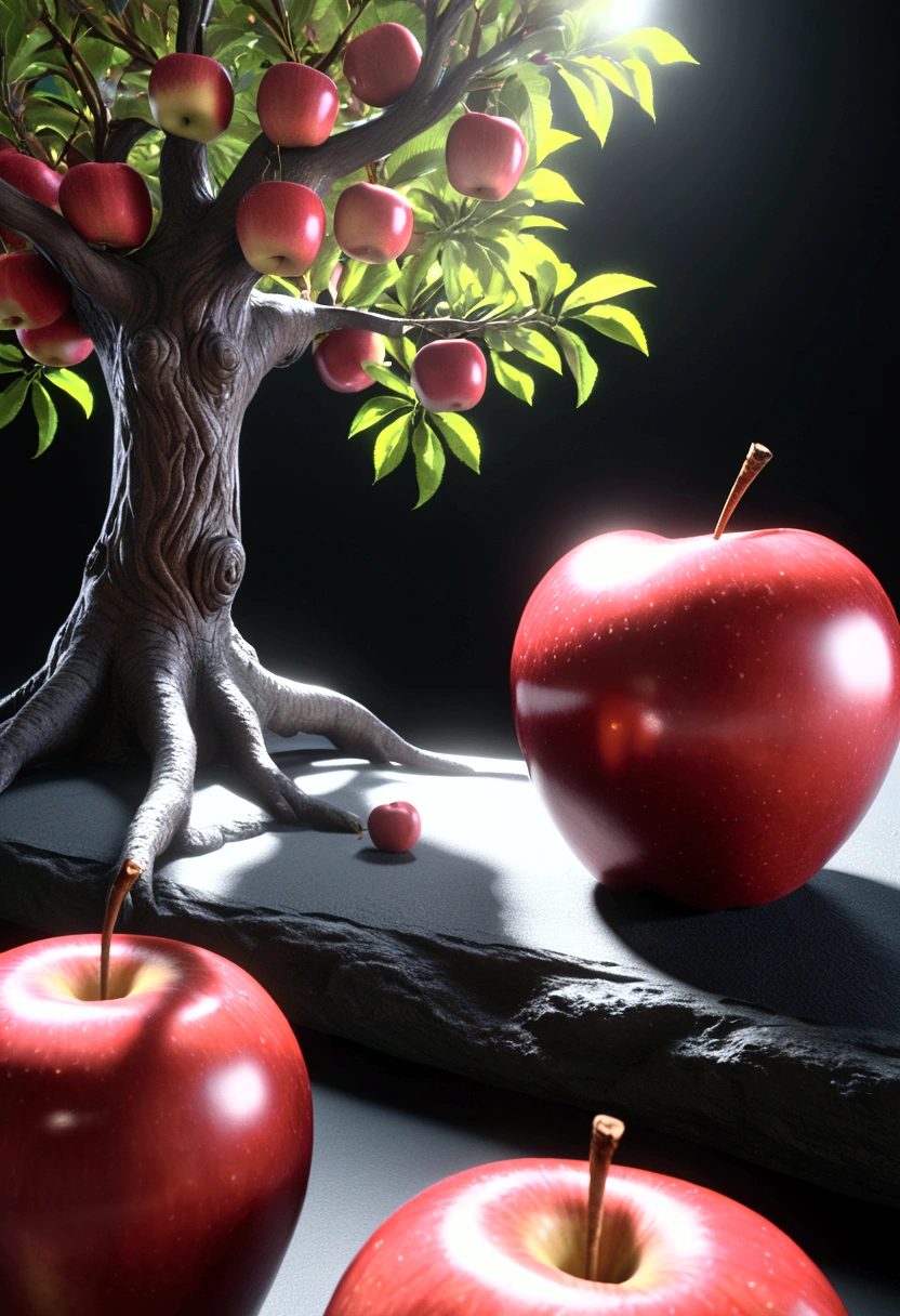 I generated an image of Adam and Eve, in paradise with tree very red apples as hologram screens, the holograms show small, extremely complex digital trees on their neon wires. Depth of Field, Tilt Blur, Shutter Speed 1/1000, F/22, White Balance, 32k, Super Resolution, Pro Photo RGB, Backlight, Backlight, Happy Lighting, Incandescent, Soft Lighting, Surround, Conte Jour, Global Illumination, Screen Space Global Illumination, Scattering, Shadows, Rough, Flicker, Backlight Reflection, Screen Space Reflection, Diffraction Estimation, Chromatic Aberration, GB Bias, Scan Lines, Ambient Occlusion, A RTX, SSAO, OpenGL Shaders, Post-processing, Post-production, Cell shading, Tone mapping, CGI, VFX, SFX, Incredibly detailed and complex, Hypermaximalist, Elegant, Dynamic pose, Photography, volumetric, ultra-detailed, complex details, super-detailed, environment