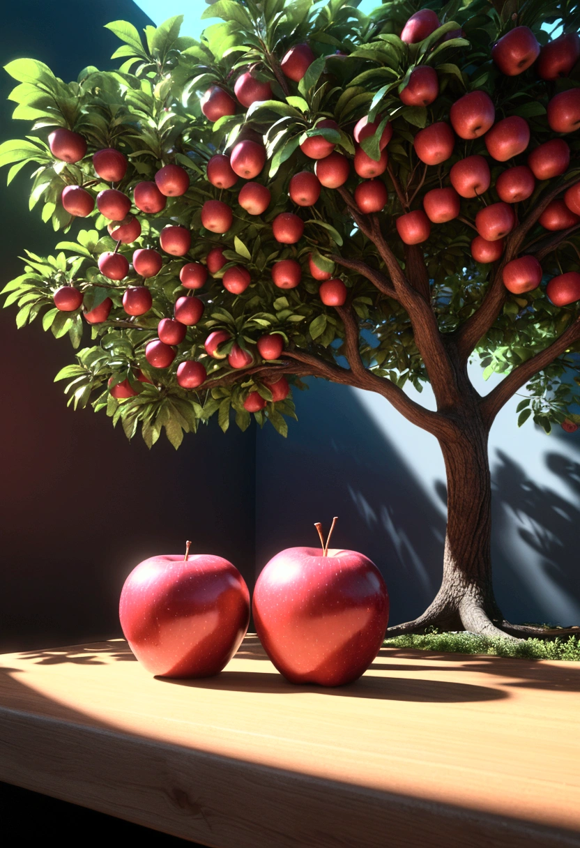 I generated an image of Adam and Eve, in paradise with tree very red apples as hologram screens, the holograms show small, extremely complex digital trees on their neon wires. Depth of Field, Tilt Blur, Shutter Speed ​​1/1000, F/22, White Balance, 32k, Super Resolution, Pro Photo RGB, Backlight, Backlight, Happy Lighting, Incandescent, Soft Lighting, Surround, Conte Jour, Global Illumination, Screen Space Global Illumination, Scattering, Shadows, Rough, Flicker, Backlight Reflection, Screen Space Reflection, Diffraction Estimation, Chromatic Aberration, GB Bias, Scan Lines, Ambient Occlusion, A RTX, SSAO, OpenGL Shaders, Post-processing, Post-production, Cell shading, Tone mapping, CGI, VFX, SFX, Incredibly detailed and complex, Hypermaximalist, Elegant, Dynamic pose, Photography, volumetric, ultra-detailed, complex details, super-detailed, environment