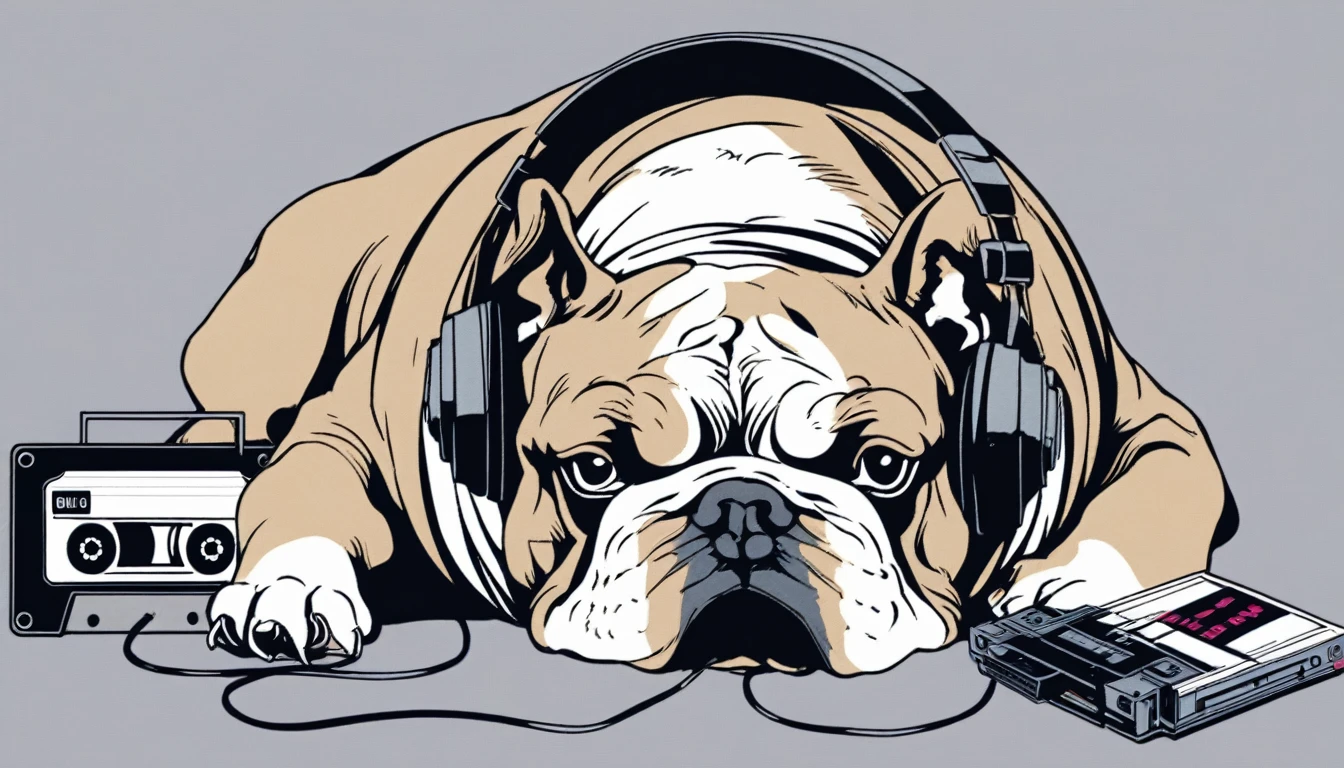 cassette tape、現実的なcassette tapeの大きさ、正面を向いたcassette tape、bulldog、Lying down、Gray background、headphone