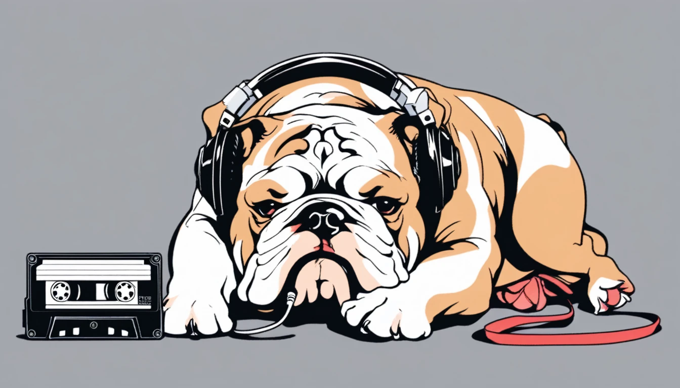 cassette tape、現実的なcassette tapeの大きさ、正面を向いたcassette tape、bulldog、Lying down、Gray background、headphone