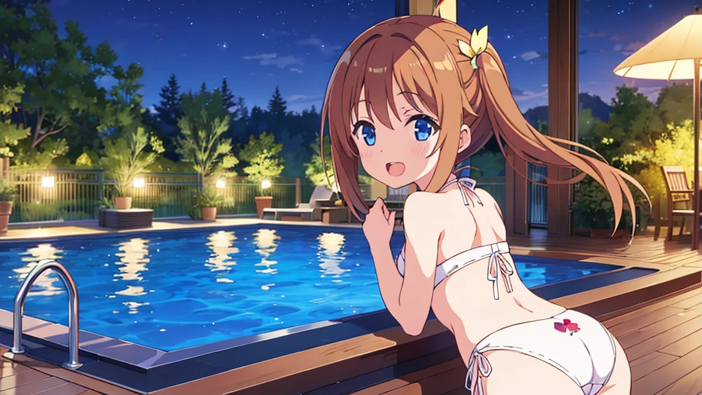 Masterpiece, Best Quality, extremely detailed, cheered up, girl,night pool,high waist bikini,SMILE,:d,action,(small breasts),ass focus