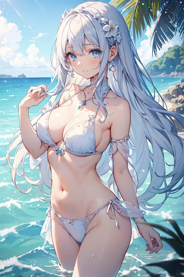 ((a extremely delicate and beautiful girl)), ((girl kawaii)), (super fine illustrations), (beautifully painted), manga cover, hdr, Standing on the surface of the sea, wet, (1 girl), (age girl), long hair blown up, white and silver hair, hair fluttering in the wind, (extremely detailed cute anime face), (smile), complex details beautiful and delicate eyes, closed mouth, Delicate arms and hands, large breasts, thighs, pale blue eyes, white skin, Beautiful accessories, her hair is becoming flower, earrings, gem necklace, bracelet, flower, (white bikini), dress shirt, wet clothes, Bare shoulder, white Clothes, beach, sunlight, on beautiful detailed water, luminous particles, flowing transparent white, (((best quality))), ((wallpaper 8k CG)), masterpiece