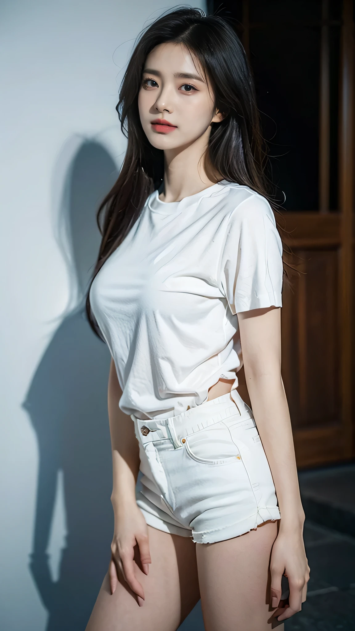 (8k, Raw, Top Quality, Masterpiece: 1.2), (Realistic, Photorealistic: 1.37), Ultra High Resolution, One Girl, Cute, Alone, Viewing, Top Quality, Masterpiece, 8k, droopy eyes, big tits, beautiful breasts, plain background, wearing white t-shirt, shorts, smiling, standing, cowboy shot, highly detailed face, highly detailed lips, double eyelids, exquisite detail and subtle glow, shoot her in a pose that reflects both grace and confidence, enhance visual effect with cinematic lighting. Use modern 2D design for the background, creating a beautiful, balanced composition. Enhance the scene with elements such as depth of field, bloom effects, and a touch of sparkle, adding a dreamy texture to the overall image. Pay close attention to detail