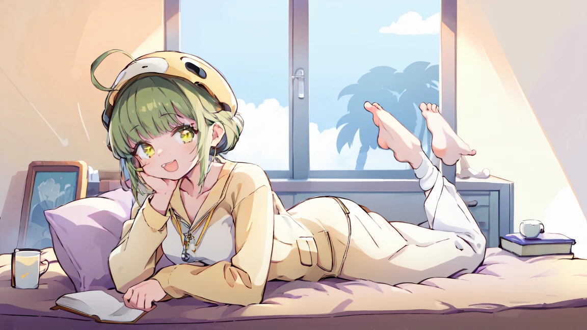 (masterpiece), Short hair, green hair, golden eyes, laugh, Pajamas, Ahoge, dehisce, bare foot, pillow, black hair, in the stomach, Short hair, bed, lying, book, one piece