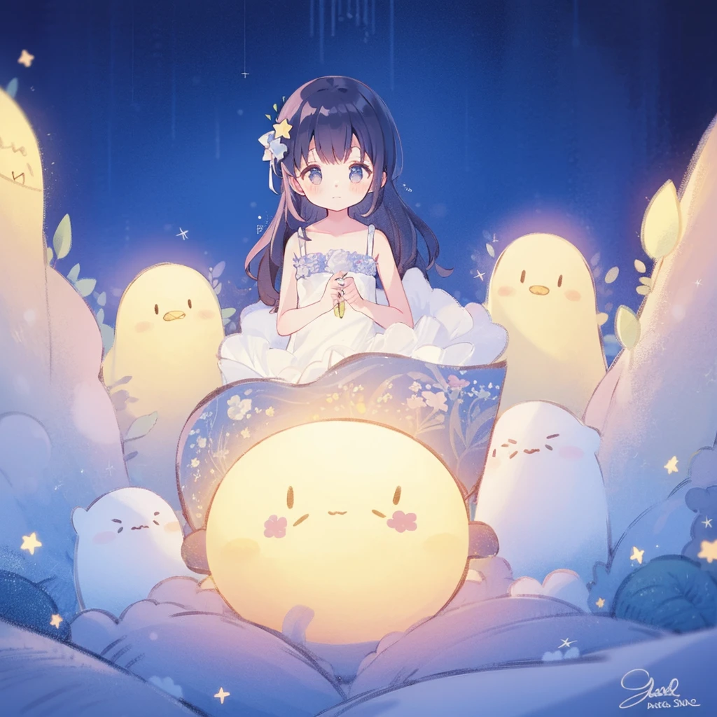 wishing star background, angel girl with black hair wearing an ethereal translucent Sleeveless pink short dress that reflects the stars, pale blue lilac hair, magical, whimsical, fantasia, dreamy, serene composition, masterpiece, best quality, perfection, complex drawing, highly detailed, ethereal, starry night, midjourney style