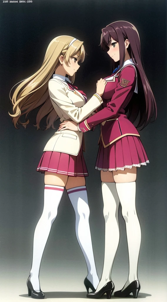 Masterpiece, high quality, 2girls, duo, identical twins, identical sisters, brown hair, curly hair, matching hairstyles, hazel eyes, medium sized bust, (school uniform, sexy school uniform, blazer, lace section, ribbon, rainbow short skirt, white thigh-high socks, black high heels, matching outfits), smile, flat_colour, full body, seductive pose, Duo pose: From the side angle, people&#39;s body curves are beautiful.
hugged from the side