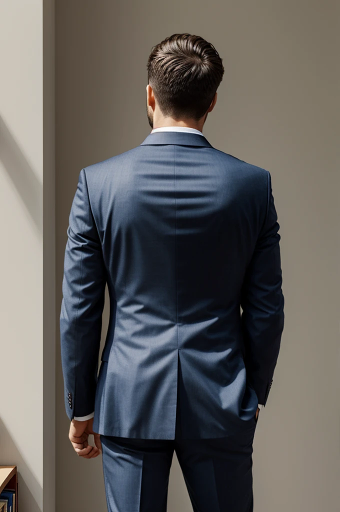Draw a back view of a man in a suit reading a book
