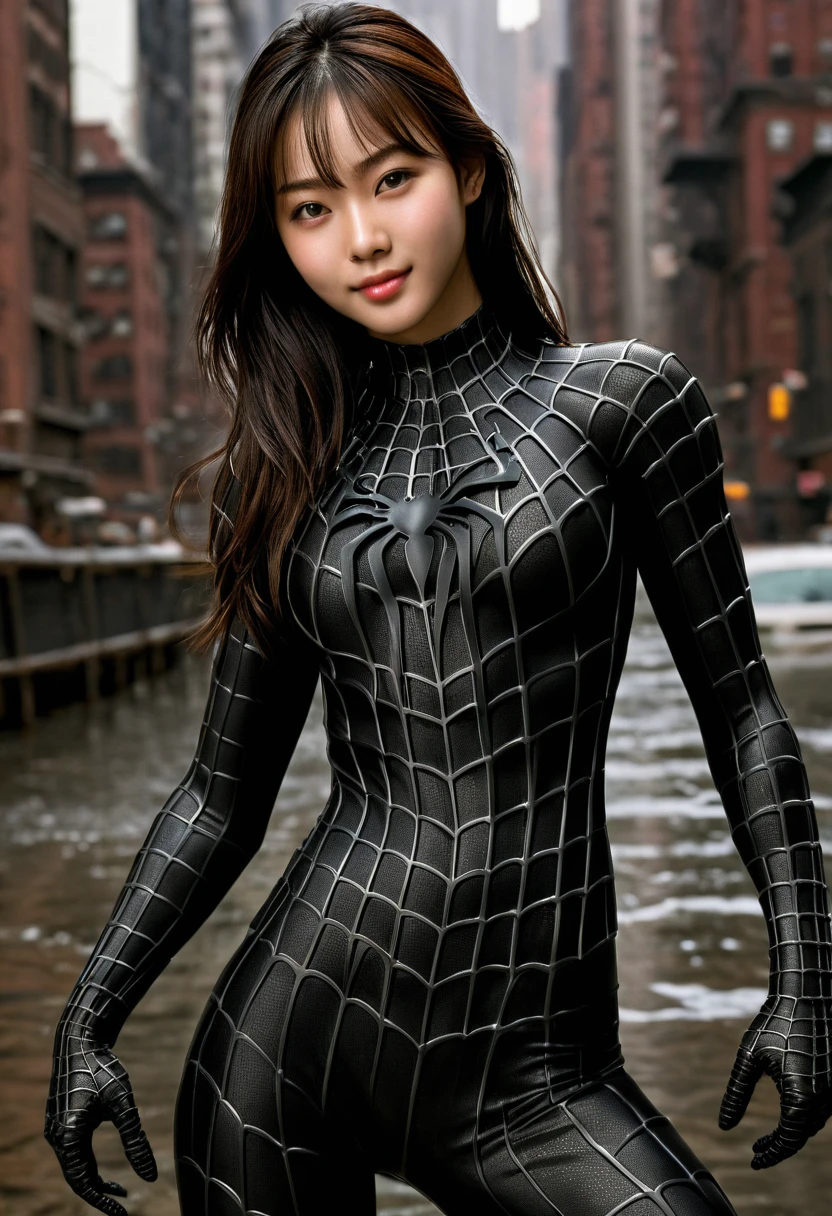 score_9, score_8_up, score_7_up, best quality, realistic, masterpiece, beautiful detail, hyperrealistic, (1girl, woman body, muscular girl, large breast, smile), amazing detailed full body portrait of a beautiful ulzzang girl, wearing a realistic and highly detailed black raimi spider-man suit, ((huge muscular girl)), professional model wears ultra - detailed black raimi spider - man suit, ultra - detailed and grained black raimi spiderman suit, suit covered entire body and hand, black spiderman gloves, wet, (strong pose), (full body), (dirty skin), close up, octane render, highly detailed, volumetric, dramatic lighting, (highest quality:1.1), (HDR:1.3), (top quality, best quality), realistic, high definition,