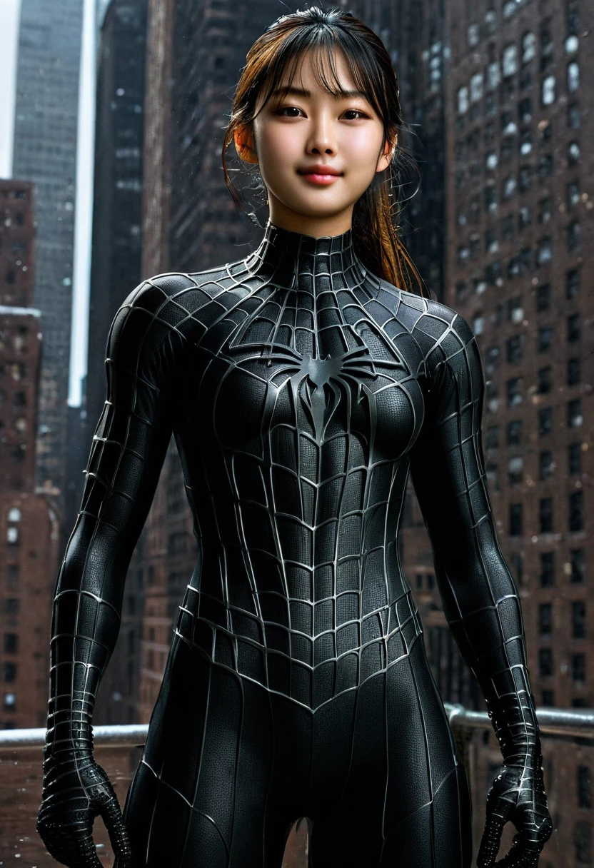 score_9, score_8_up, score_7_up, best quality, realistic, masterpiece, beautiful detail, hyperrealistic, (1girl, woman body, muscular girl, large breast, smile), amazing detailed full body portrait of a beautiful ulzzang girl, wearing a realistic and highly detailed black raimi spider-man suit, ((huge muscular girl)), professional model wears ultra - detailed black raimi spider - man suit, ultra - detailed and grained black raimi spiderman suit, suit covered entire body and hand, black spiderman gloves, wet, (strong pose), (full body), (dirty skin), close up, octane render, highly detailed, volumetric, dramatic lighting, (highest quality:1.1), (HDR:1.3), (top quality, best quality), realistic, high definition,
