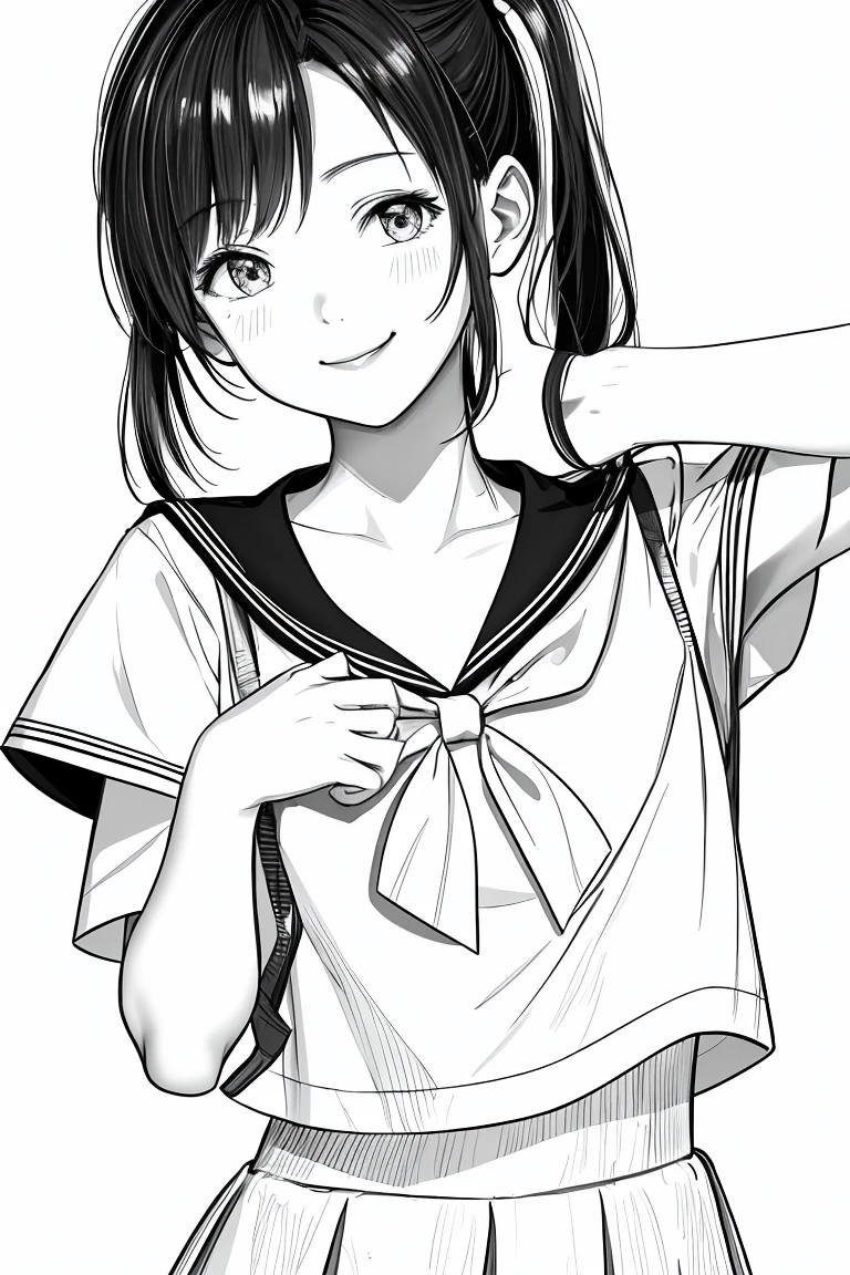 masterpiece,, One Girl, alone, short, White Background, Monochrome, Line art, ((sketch))、Look forward、Wear a sailor uniform、smile、Touching lips、Side Ponytail、Wink、