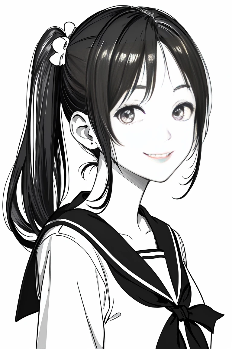 masterpiece,, One Girl, alone, short, White Background, Monochrome, Line art, ((sketch))、Look forward、Wear a sailor uniform、smile、Touching lips、Side Ponytail、Wink、
