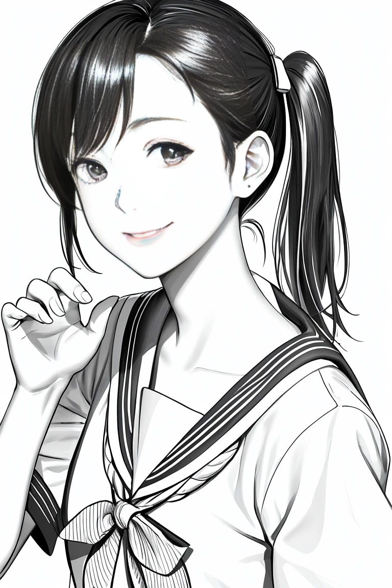 masterpiece,, One Girl, alone, short, White Background, Monochrome, Line art, ((sketch))、Look forward、Wear a sailor uniform、smile、Touching lips、Side Ponytail、Wink、