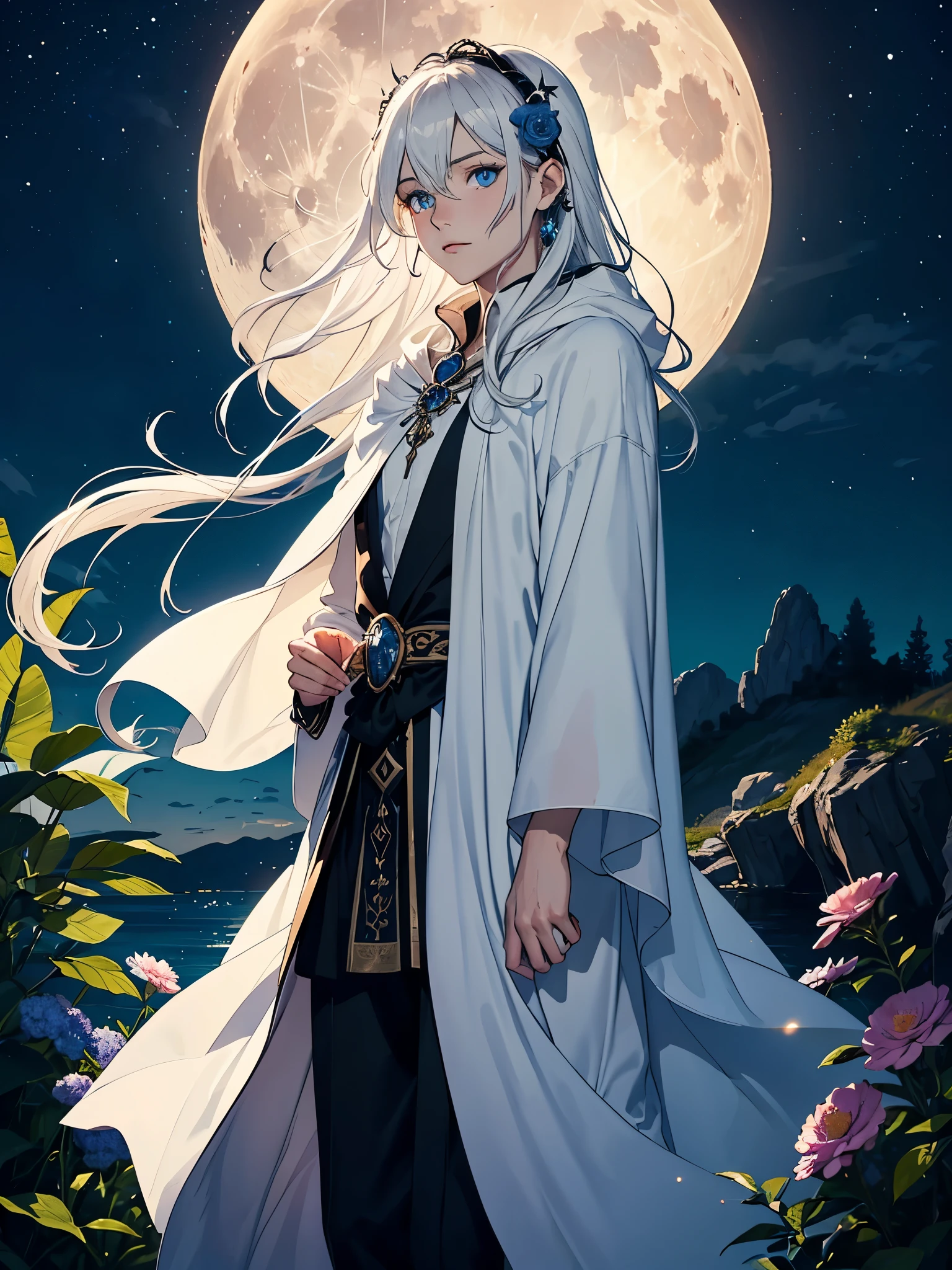 Weiblicher. Mit Rosa kerzen und hellblaue blumen. Long hair. long white hair. aquatic, boy, Goddess of the Moon, silver hair accessories, White hair, White dress, cape, at night, saturated colors, light eyes, bright, light blue light, blue eyes, Jewelry silver, bluish light, Full moon in the background, aquatic in der Luft rosa kerzen