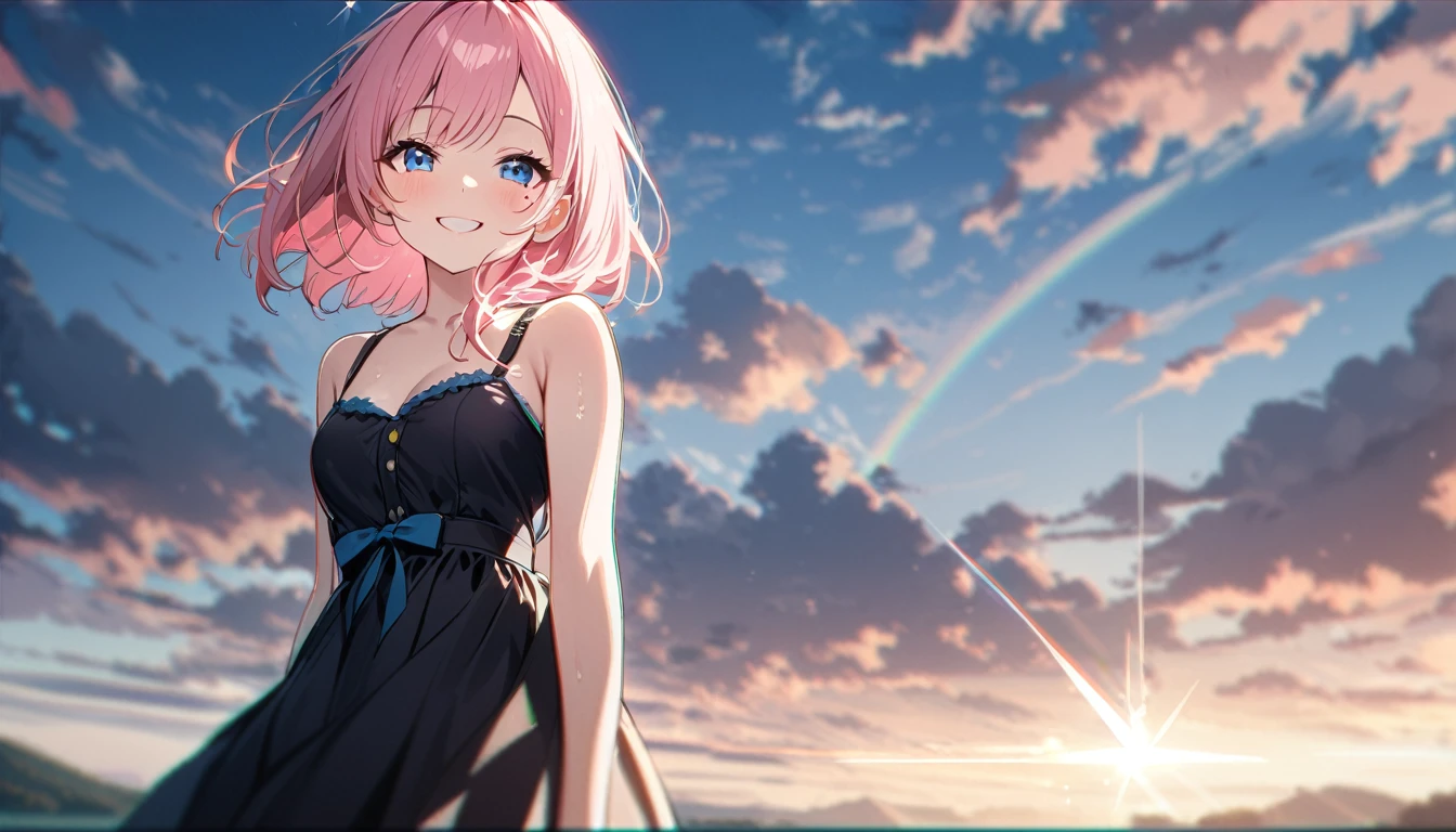 (1 girl),(Best Picture Quality, 8K, Masterpiece:1.3), (high school student:1.5), ((pink lob hair:1.1)), (bob cut),(swept bangs), (cute eyes, pupil black, iris skyblue, youthful face), (mole under right eye), (standard weight), (small ), (glistening skin:1.1),(pale skin:1.2),(sundress),((Gyaru fashion:1.3)),(wet:1.1),(blue sky, blurry, blurry background, chromatic aberration, cloud, cloudy sky, day, depth of field, glint, outdoors, sky),(magnificent view:1.1),(overlooking),(smile:1.3).