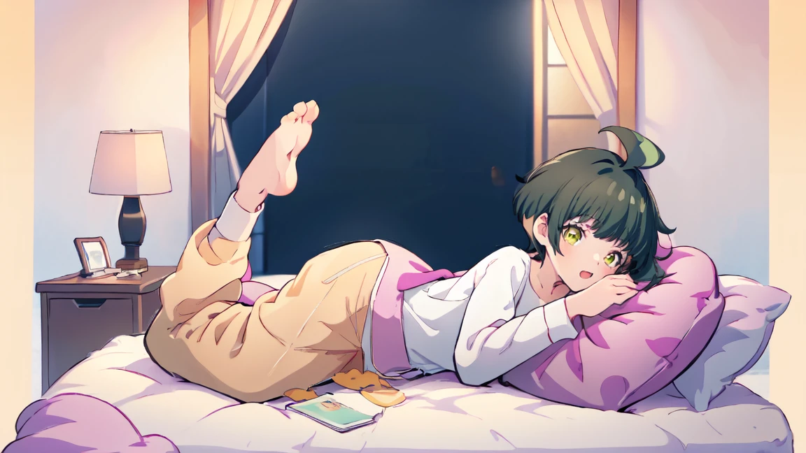 (masterpiece), Short hair, green hair, golden eyes, laugh, Pajamas, Ahoge, dehisce, bare foot, pillow, black hair, in the stomach, Short hair, bed, lying, book, one piece, man, boy