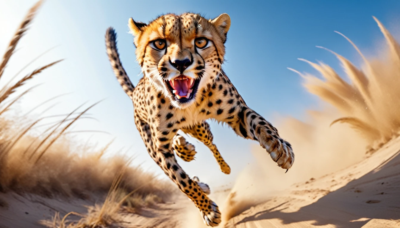 Realistic photos, RAW Photos, Cheetah attacks viewer, Powerful movements, jump on prey, ((Dynamic jump)), Sharp Claws, Cheetah approaching from above, sudden approach, Bad-tempered, dynamic Shot from grand