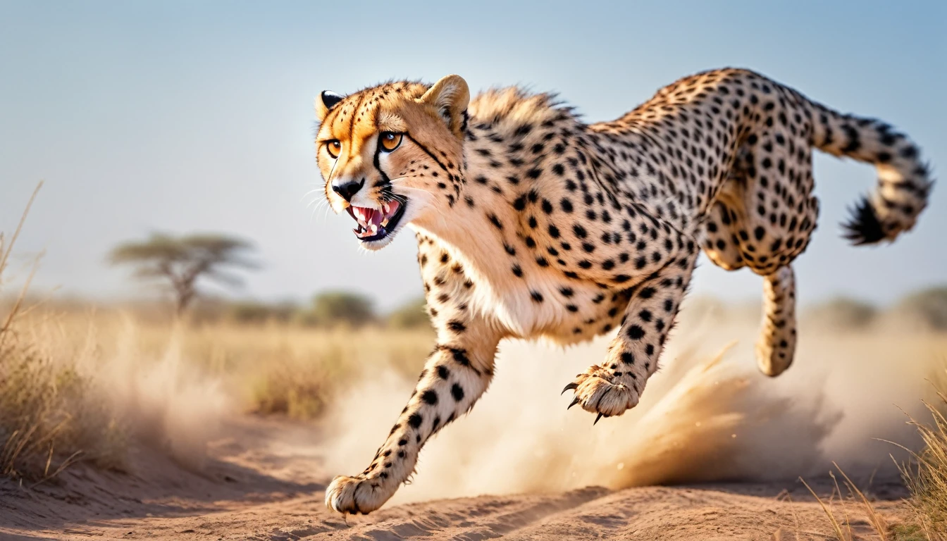 Realistic photos, RAW Photos, Cheetah attacks viewer, Powerful movements, jump on prey, ((Dynamic jump)), Sharp Claws, Cheetah approaching from above, sudden approach, Bad-tempered, dynamic Shot from grand