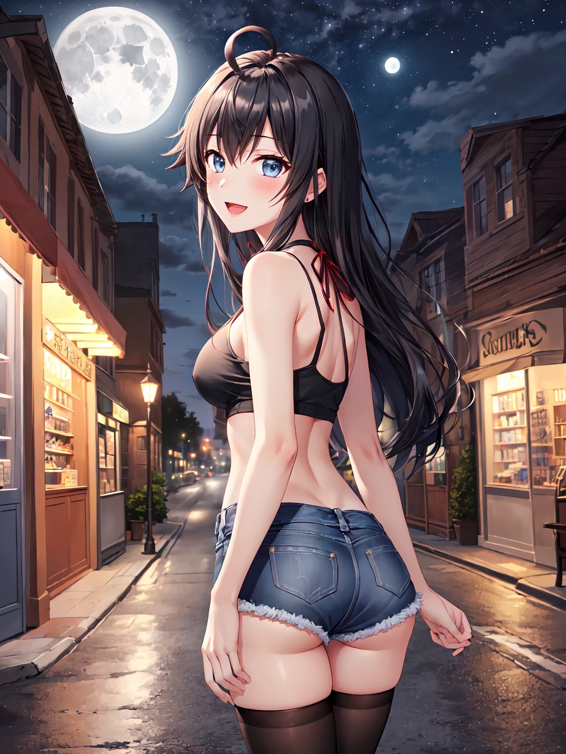 Masterpiece ,best quality , high resolution , (face view , look at view , pov front view , pov from front) , (1 girl solo:1.38) , (yukino yukinoshita, black hair, blue eyes, long hair, ahoge , slim , tall , slender , thin) , (cleavage:1.02) , (big breast:1.03) , (wear top tank , sleeveless , denim_micro_short , stockings , (arms behind back , hand behind back) , (leaning forward:1.3) , (bend back to forward:1.2) , ( outdoor , night , lamp , moonlight , road , on street , in front of shop ) , (open mouth , smile , full face blush , shy ) , (standing , thighs ) , (cowboy_shot)