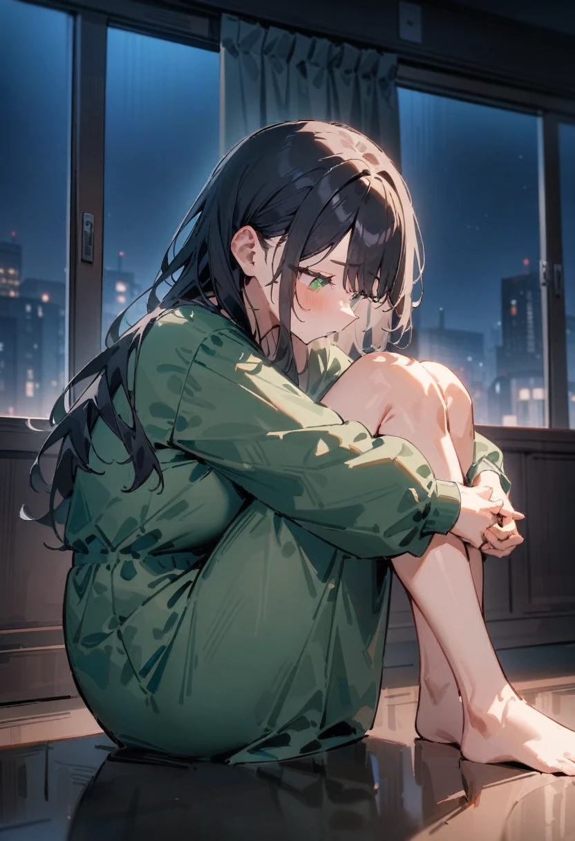 masterpiece, best quality, very aesthetic, absurdres, newest, 1girl, solo, asymmetrical bangs, tareme, long hair, black hair, dress, sitting, looking down, green eyes, barefoot, indoors, window, night, curtains, green dress, hugging own legs,