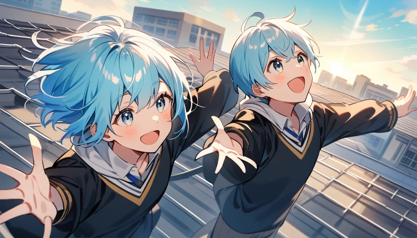 only one people, high school boy, , light blue hair, silver eyes, black eyebrows, school rooftop, arms outstretched, look up at the sky and smile and shout