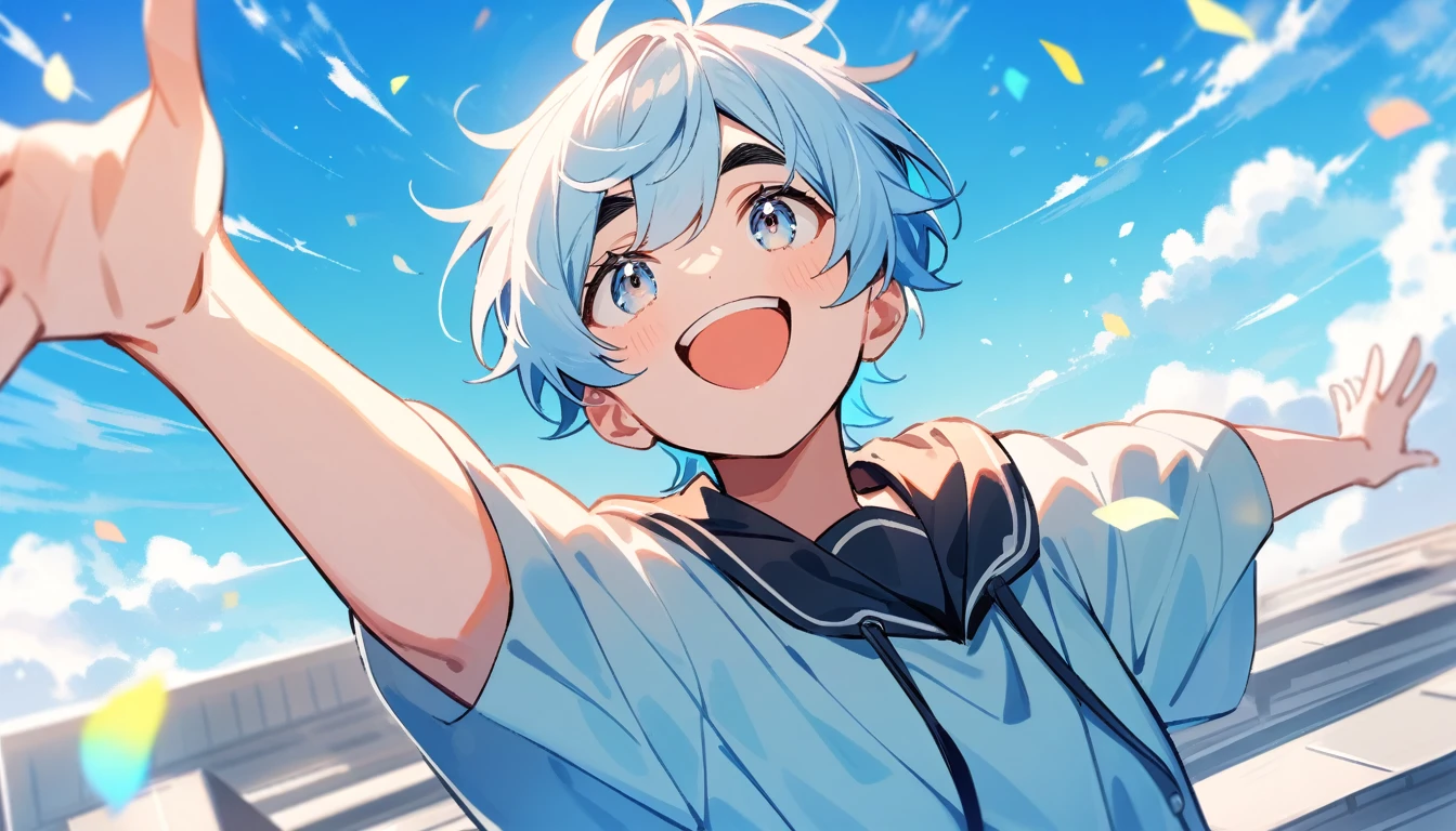 only one people, high school boy, , light blue hair, silver eyes, black eyebrows, school rooftop, arms outstretched, look up at the sky and smile and shout