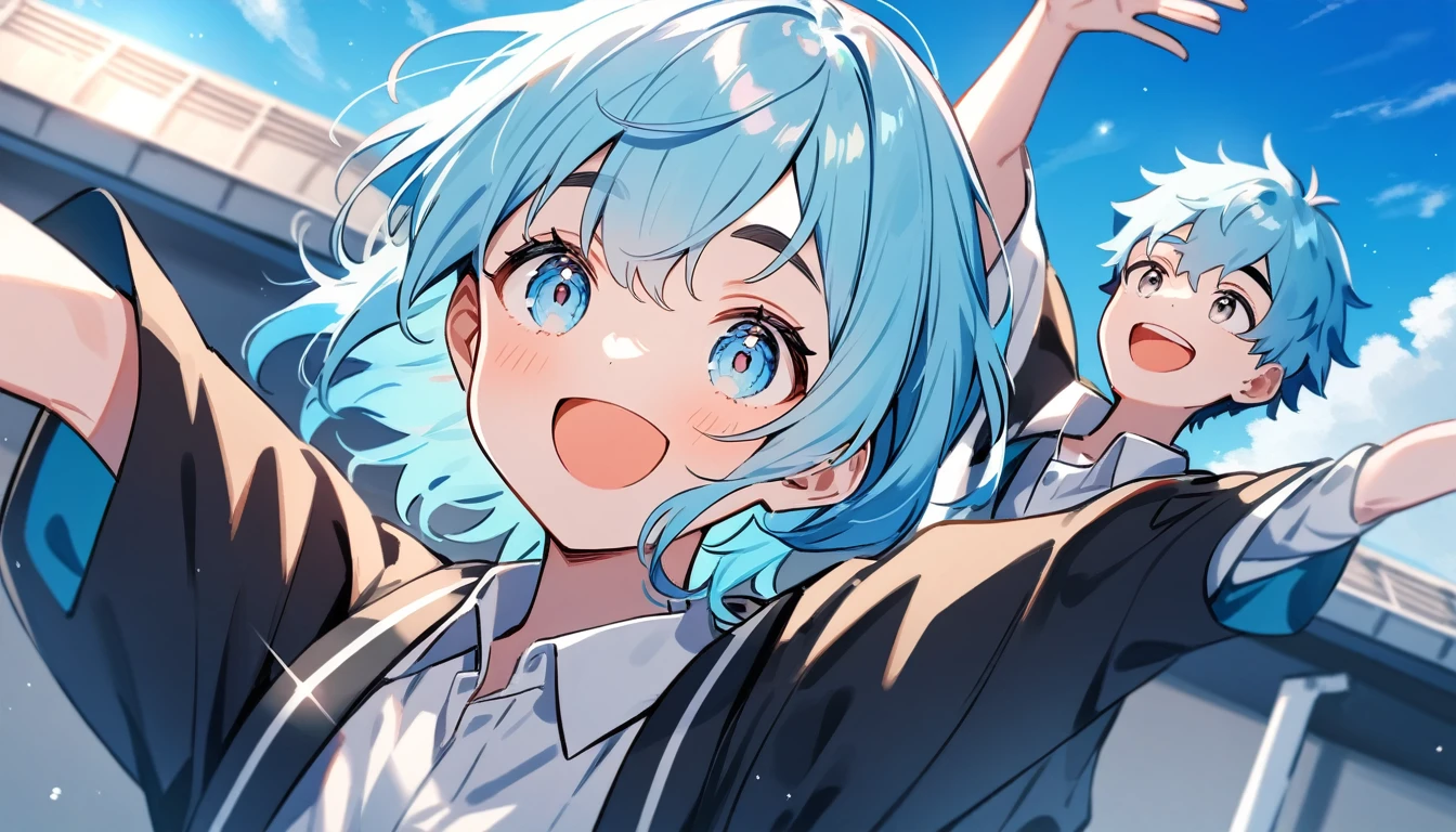only one people, high school boy, , light blue hair, silver eyes, black eyebrows, school rooftop, arms outstretched, look up at the sky and smile and shout