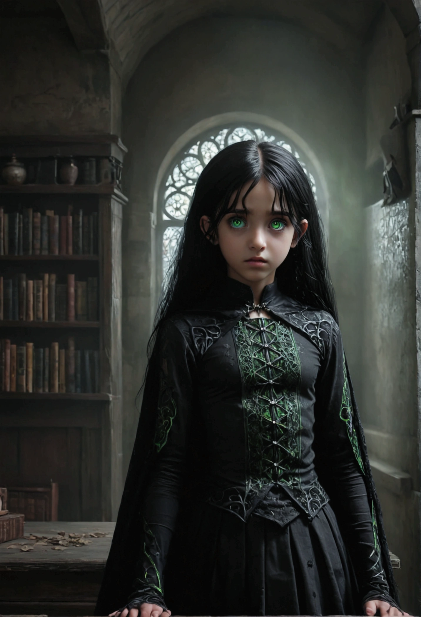 by Noriyoshi Ohrai a haunting scene daughter of severus snape, (best quality,4k,8k,highres,masterpiece:1.2),ultra-detailed,realistic,portrait of a beautiful 10-year-old teen with black hair, green eyes, necromancer in a dark fantasy world of diablo. Emphasize eerie atmosphere, high contrast, and interplay of shadow and light. Include colorful, gothic horror detailed face perspective from below anime, manga, comic, illustration