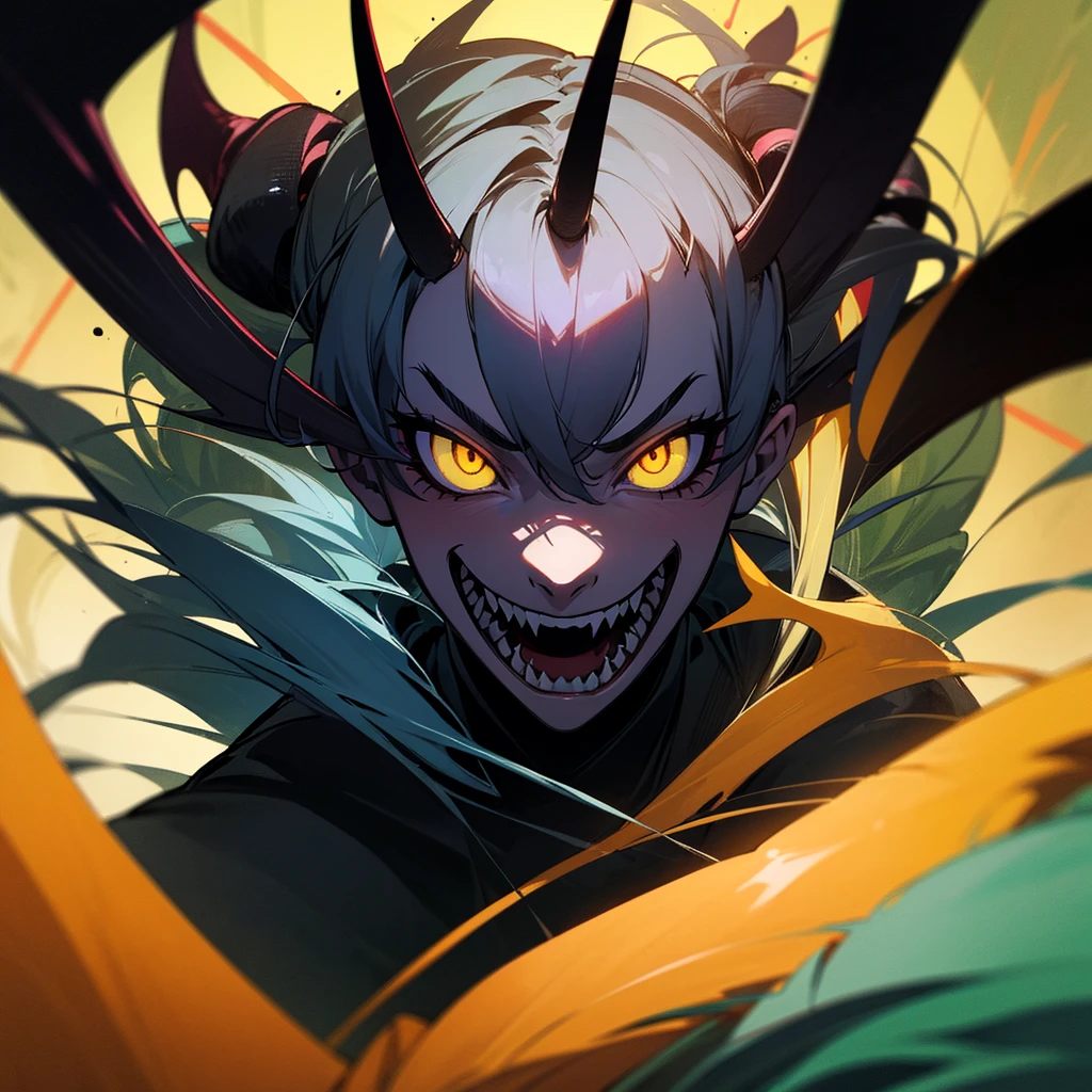 High resolution、 Devil！Appearing from the Demon World！The eyes are sharp、A demon that devours people&#39;s souls。
He has a suspicious smile。
green、black、In yellow color！