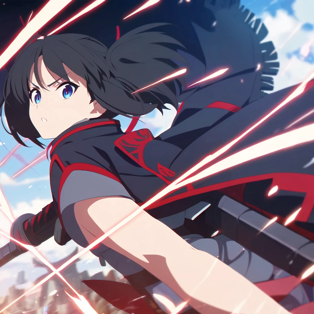 girl, anime, warrior, short hair with red and blue lines, pretty eyes, black hair, full leather, YOUNG, with a fringe in front, epic, with pigtails, warrior clothing