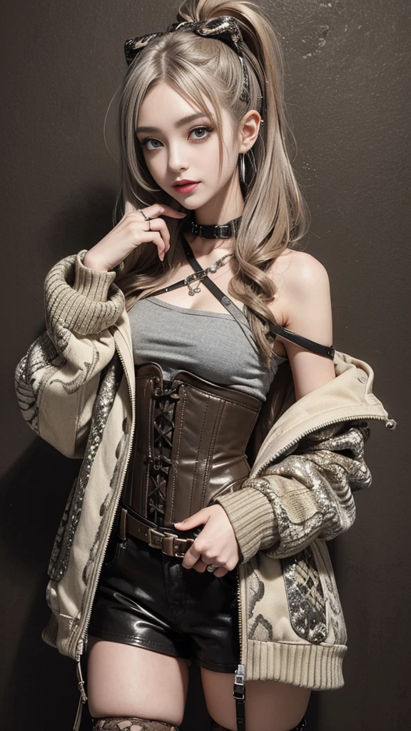(Smile with teeth bared:1.3),(Shibuya Gal:1.5)、(beautiful:1.5)、(Neo-Gothic Fashion:1.5)、(Punk rock visual kei:1.5)、(Khaki and Brown Off-The-Shoulder Hoodie,Accessorize with exquisite silver accessories.:1.5)、(Corset with a sophisticated beige and brown design:1.4)、(Dark Gray, Khaki and brown snakeskin bodysuit:1.5)、(Snake print headband:1.3)、(Beige and charcoal knee socks:1.4)、Decorative collar and boots、(I'I卖蛇纹内衣.:1.4)、(Long eyelashes:1.3)、(20 years old)、((best quality、8K、masterpiece:1.3))、1 female、slimbeautiful腹肌:1.3、(Casual hairstyle、beautiful boobs:1.1)、(Do aerobic exercise poses:1.3)、skirt:1.1、Super small face、Squinting、Double eyelids、A meticulous smile、There are nymphomaniacs everywhere、Dynamic Angle、close up、CPL Filter、Blurred background、Bokeh、Blue Hour、Refined face and skin texture、Delicate eyes、,(Double tail:1.3)、(brown golden hair:1.3)、Idol carving、(The background is a gorgeous ballroom:1.3)、(Make your legs thinner:1.4)、(slim:1.3)、(clavicle:1.1)