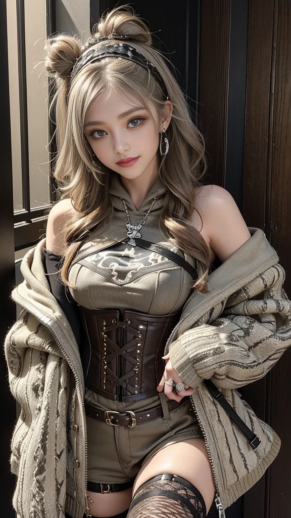 (Smile with teeth bared:1.3),(Shibuya Gal:1.5)、(beautiful:1.5)、(Neo-Gothic Fashion:1.5)、(Punk rock visual kei:1.5)、(Khaki and Brown Off-The-Shoulder Hoodie,Accessorize with exquisite silver accessories.:1.5)、(Corset with a sophisticated beige and brown design:1.4)、(Dark Gray, Khaki and brown snakeskin bodysuit:1.5)、(Snake print headband:1.3)、(Beige and charcoal knee socks:1.4)、Decorative collar and boots、(I'I卖蛇纹内衣.:1.4)、(Long eyelashes:1.3)、(20 years old)、((best quality、8K、masterpiece:1.3))、1 female、slimbeautiful腹肌:1.3、(Casual hairstyle、beautiful boobs:1.1)、(Do aerobic exercise poses:1.3)、skirt:1.1、Super small face、Squinting、Double eyelids、A meticulous smile、There are nymphomaniacs everywhere、Dynamic Angle、close up、CPL Filter、Blurred background、Bokeh、Blue Hour、Refined face and skin texture、Delicate eyes、,(Double tail:1.3)、(brown golden hair:1.3)、Idol carving、(The background is a gorgeous ballroom:1.3)、(Make your legs thinner:1.4)、(slim:1.3)、(clavicle:1.1)