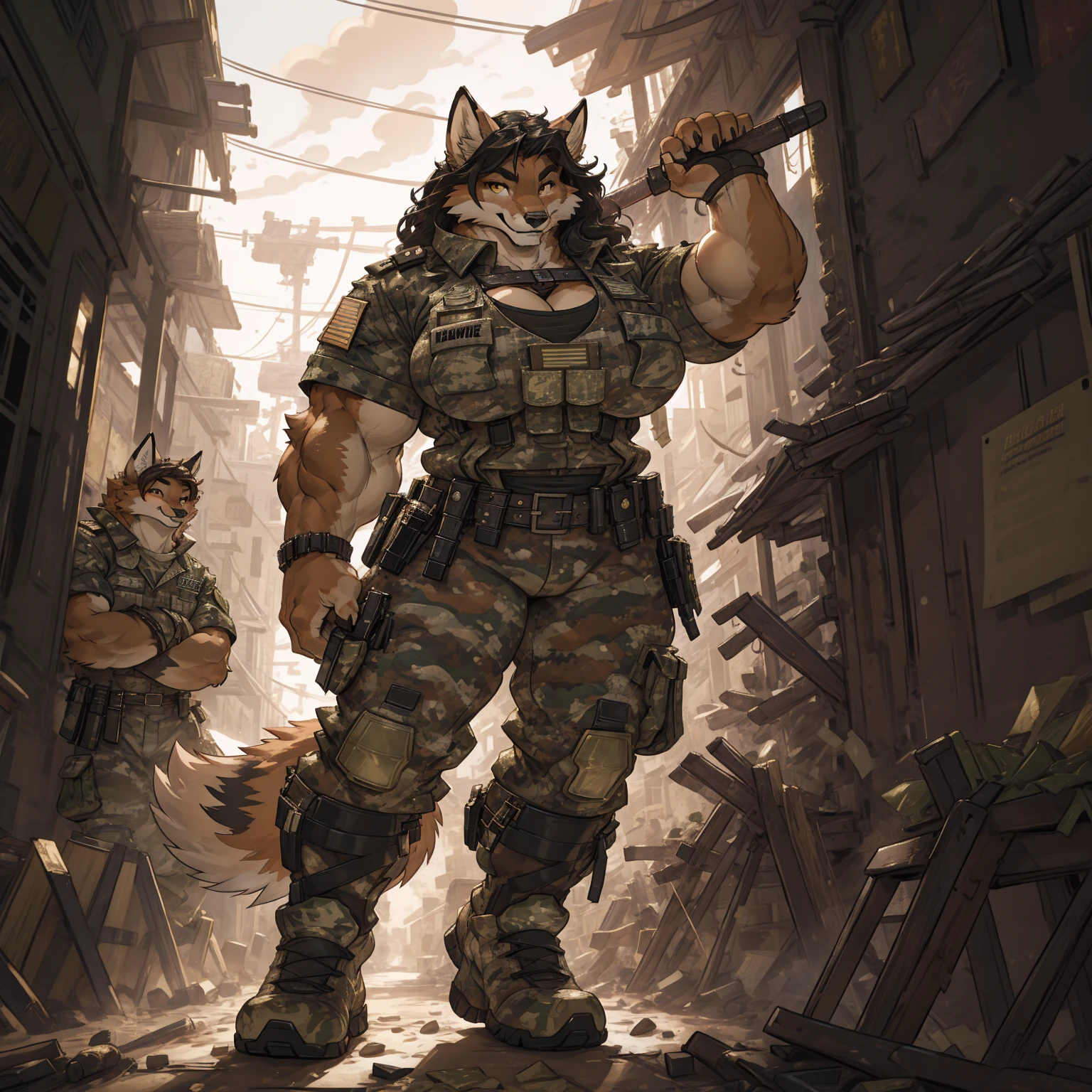 solo, 1girl, fox, female, broad shoulders, stocky build, buff, muscular, huge breasts, gold eyes, highly detailed eyes, long snout, Amazon, powerful figure, wearing camouflage_uniform, (urban uniform:1.2), military camp, rolled sleeves, shirt, trousers, cleavage, standing upright, combat boots, full body, smiling, friendly, looking at viewer, realistic lighting, by darkgem, by wfa, by gideon,