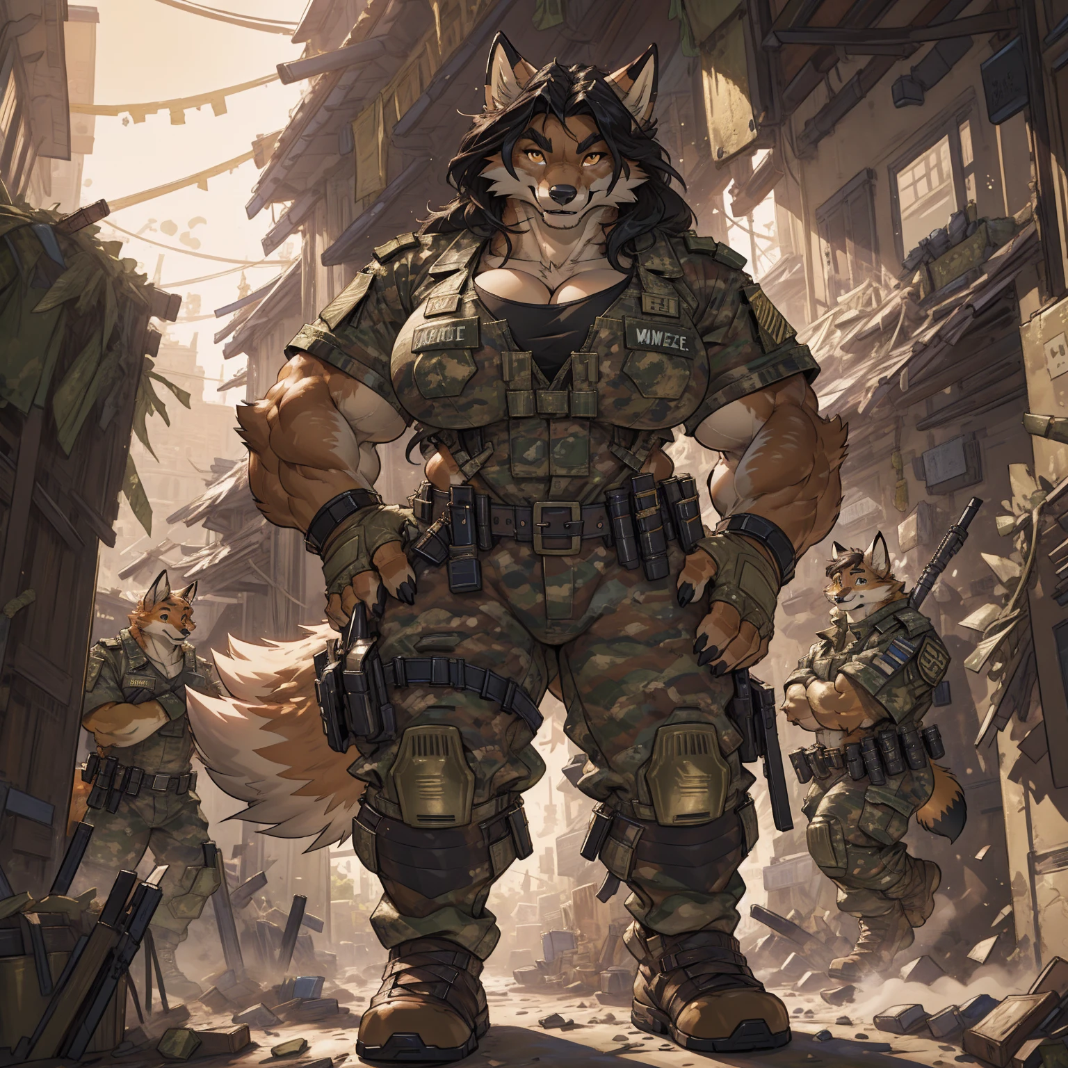 solo, 1girl, fox, female, broad shoulders, stocky build, buff, muscular, huge breasts, gold eyes, highly detailed eyes, long snout, Amazon, powerful figure, wearing camouflage_uniform, (urban uniform:1.2), military camp, rolled sleeves, shirt, trousers, cleavage, standing upright, combat boots, full body, smiling, friendly, looking at viewer, realistic lighting, by darkgem, by wfa, by gideon,