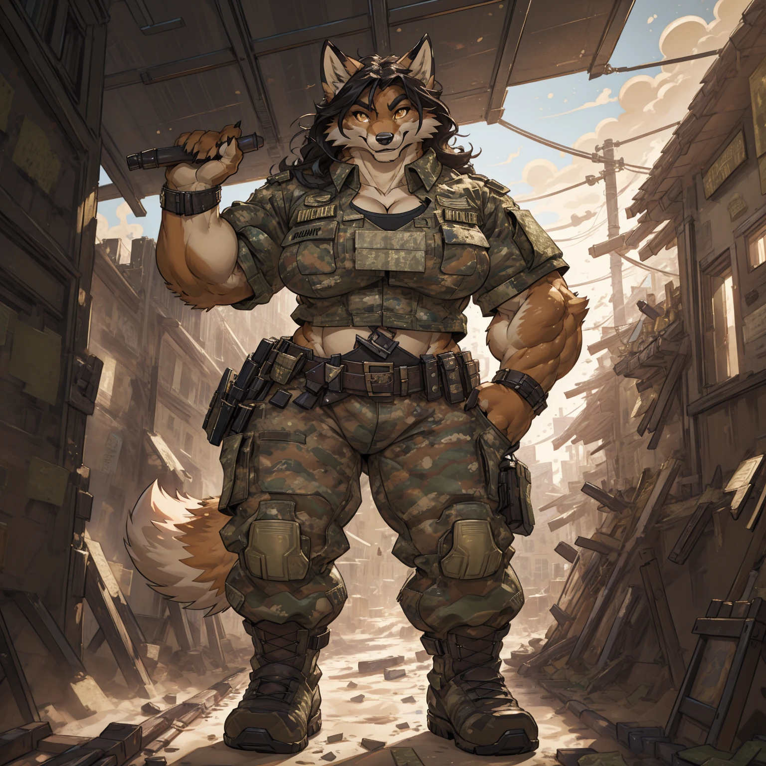 solo, 1girl, fox, female, broad shoulders, stocky build, buff, muscular, huge breasts, gold eyes, highly detailed eyes, long snout, Amazon, powerful figure, wearing camouflage_uniform, (urban uniform:1.2), military camp, rolled sleeves, shirt, trousers, cleavage, standing upright, combat boots, full body, smiling, friendly, looking at viewer, realistic lighting, by darkgem, by wfa, by gideon,