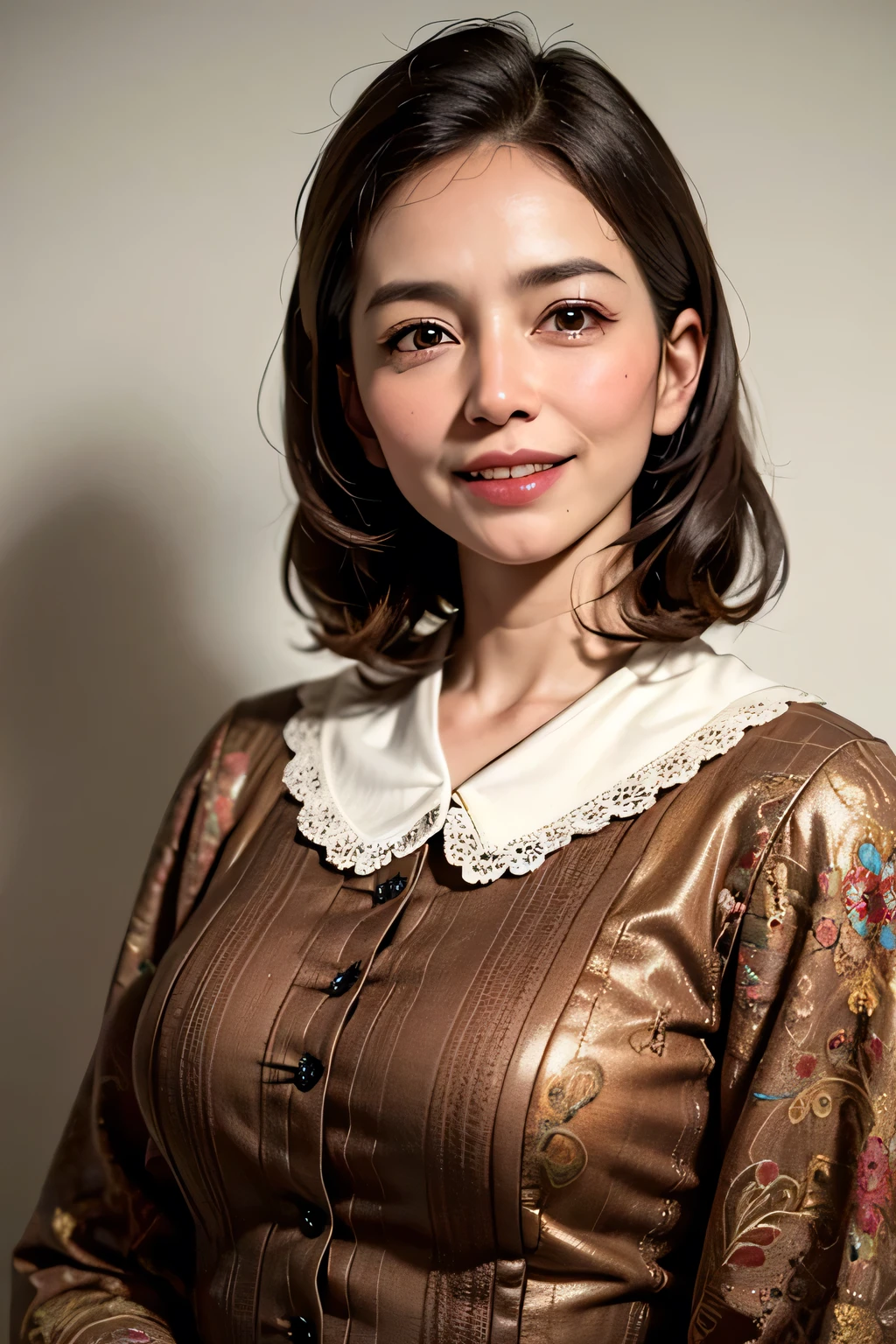 ((masterpiece)), ((Highest quality)), ((Complex)), ((Surreal)), (Realistic), (Mature Woman), ((There are no classes)), Very detailed, (1 female), Beautiful and exquisite, (Beautiful Teeth), Grin, Brunette Bob Hair, Brown eyes, ((blouse)), (Upper Body), (background:none), Perfect Eyes, Captivating eyes, Looking at the audience
